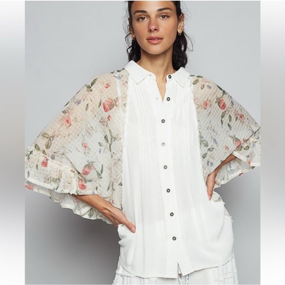 POL Floral White Blouse with Sheer Sleeves